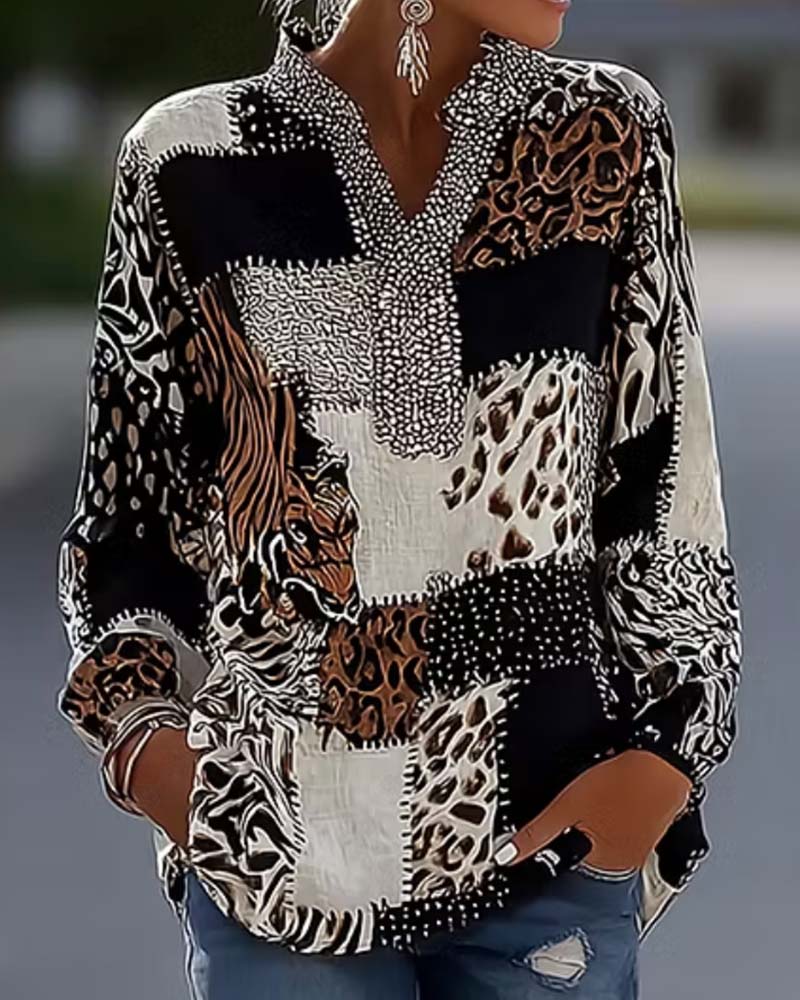 Blus Mandarin Krage Leopard Patchwork