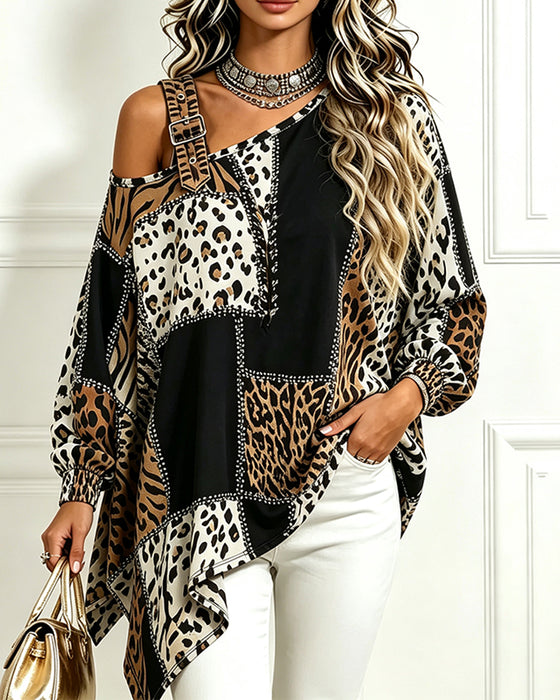 Blus Leopard Tryck Patchwork Asymmetrisk Hals Lång Ärm