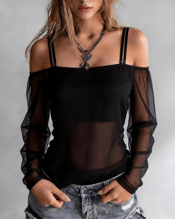 T-Shirt Spagettiband Off-Shoulder Sheer