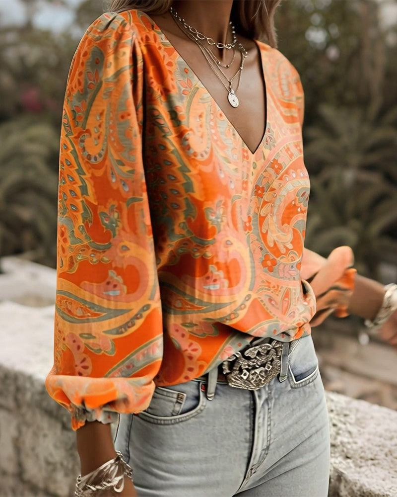 Blus Mönstrad V-Ringad Puffärm