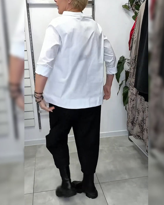 100% Bomull  Blus Vid Krage Enfärgad Casual