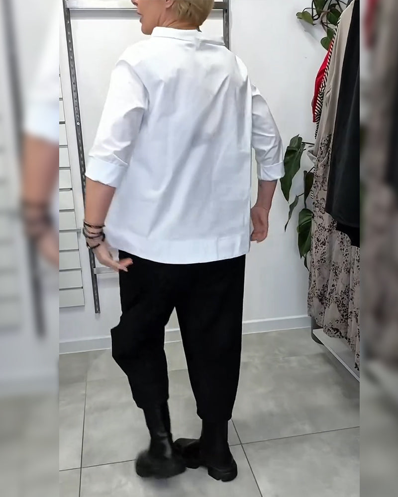 100% Bomull  Blus Vid Krage Enfärgad Casual