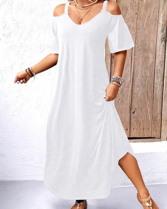 Klänning Enfärgad V-Ringning Off-Shoulder Lång