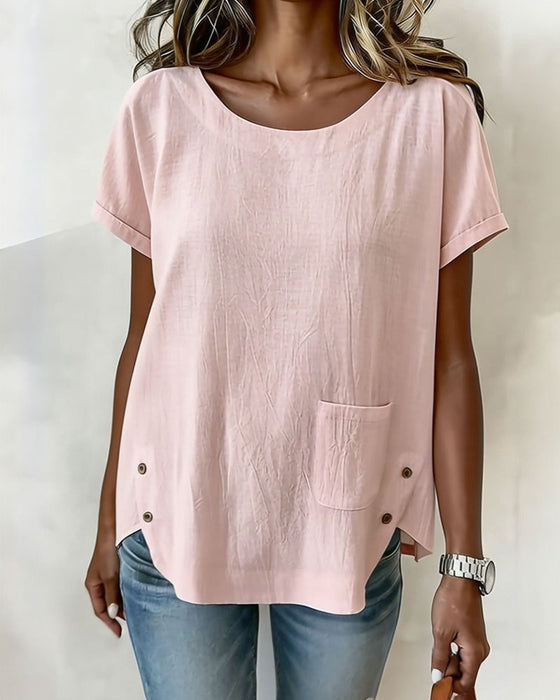 T-Shirt Bomull Lin Knapp Detalj Kort Ärm