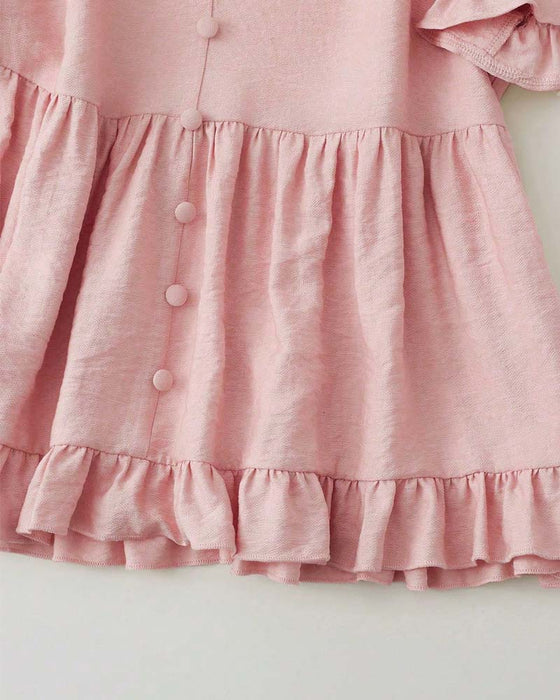 Blus V-Hals Ruffle Pärla Knapp