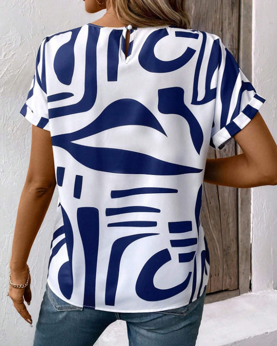 T-Shirt Rund Hals Kort Ärm Geometrisk Tryck