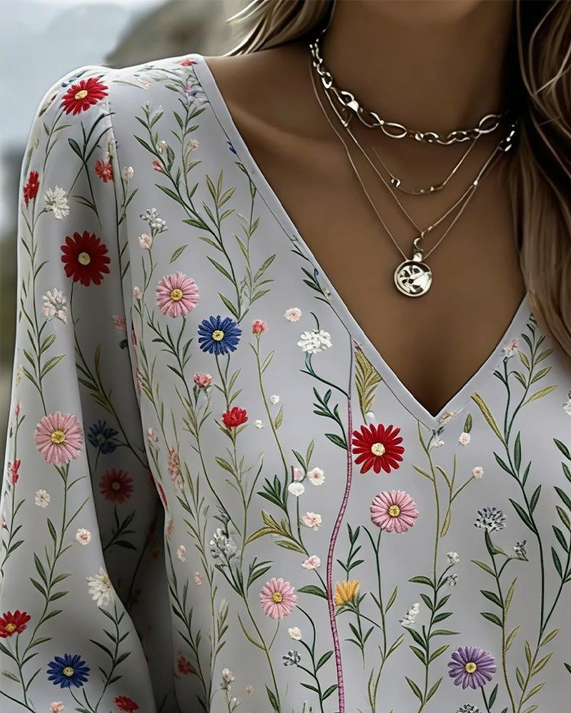 Blus Blommigt Tryck Bubbla Ärm V-Hals
