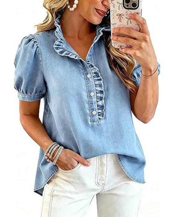 Blus Knapp Upp Ruffle Denim