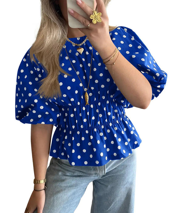 Blus Prickig Off-Shoulder Midjeknyt Bubbla Ärm