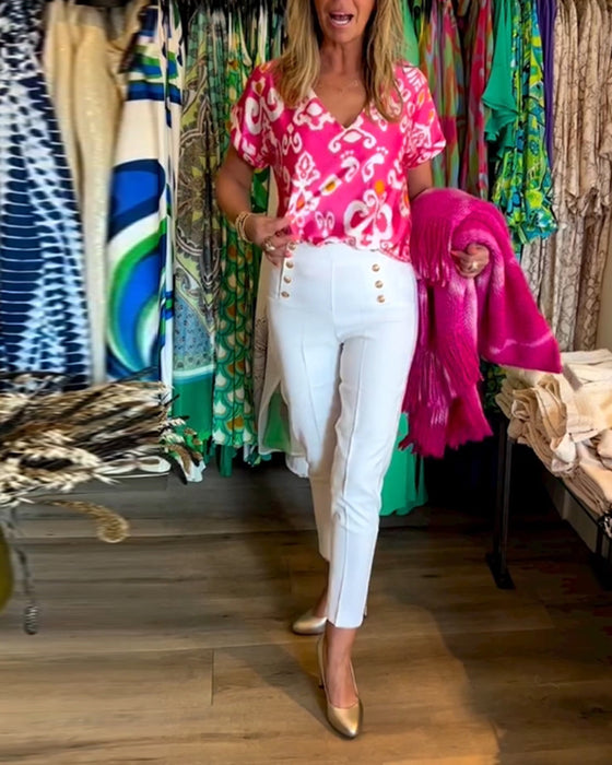 Tryckt V-ringad kortärmad topp