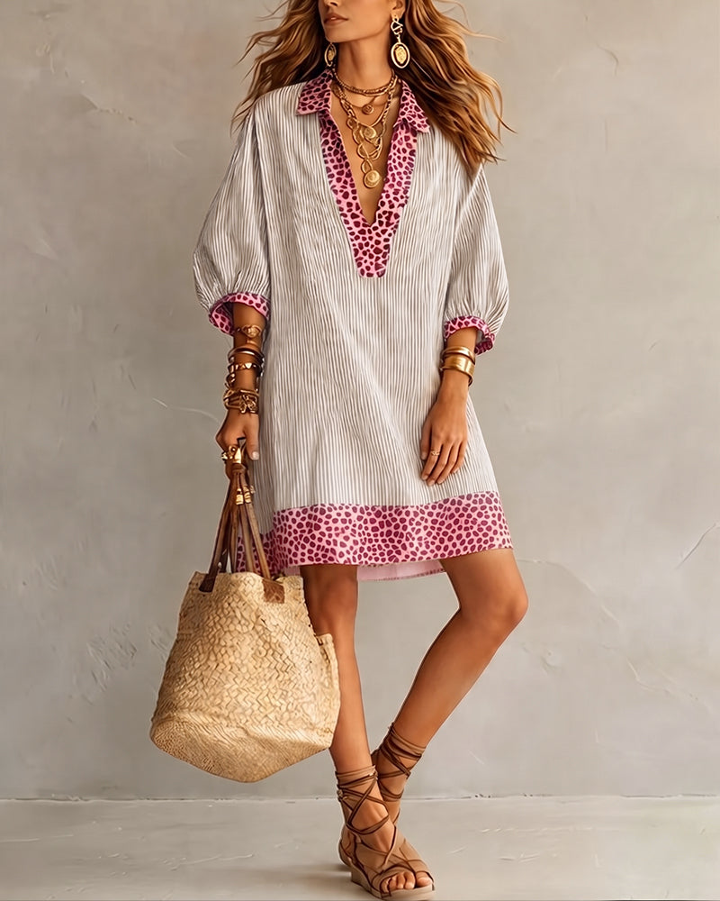Klänning Leopardprint Panel Puffärm Randig Skjorta