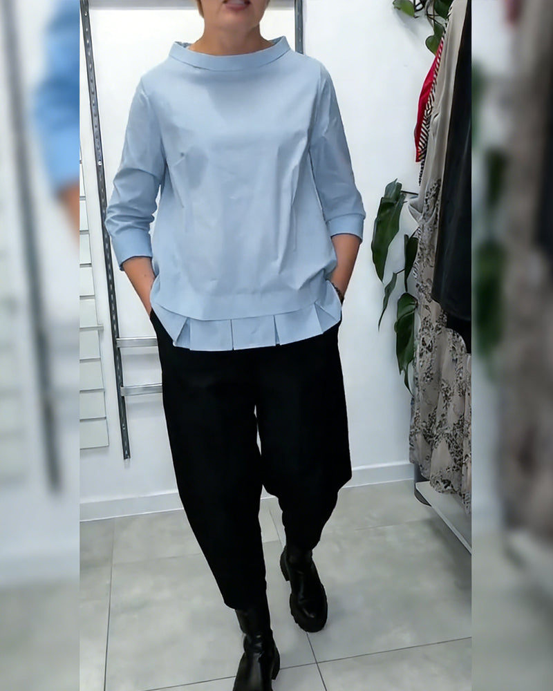 100% Bomull  Blus Vid Krage Enfärgad Casual