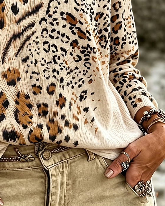 Blus Rundhalsad Leopard Lång Ärm