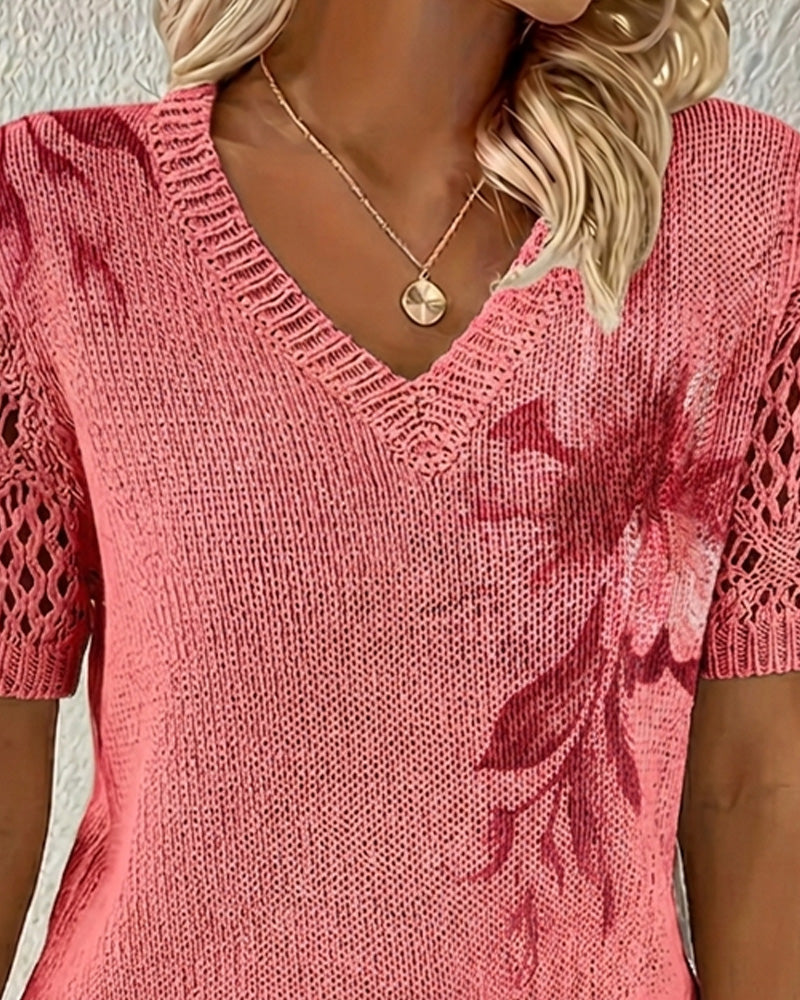 Pullover V-Ringning Stickad Blommig
