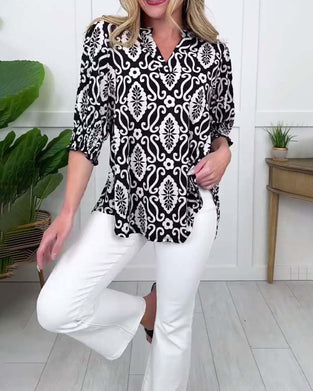 Blus V-Hals Blommig Kort Ärm