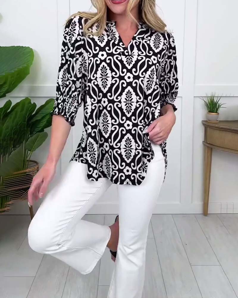 Blus V-Hals Blommig Kort Ärm