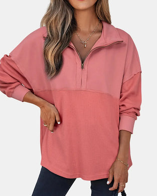 Sweatshirt Halv Dragkedja Våffla Patchwork