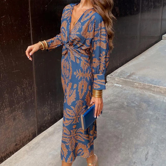 Vintage tryckt V-ringad långärmad elegant klänning