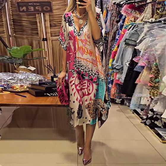 Casual klänning med leopard och färgglatt tryck och djupt V