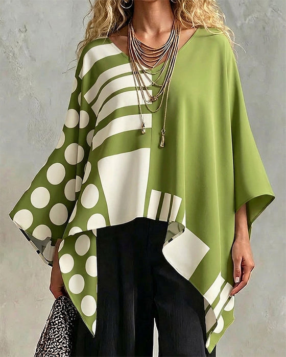 Blouse Polka Dot Rand Patchwork V Ringning