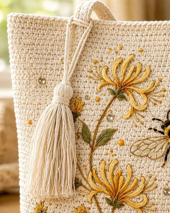 Väska Handgjord Virkad Bi Broderad Tote
