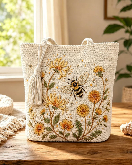 Väska Handgjord Virkad Bi Broderad Tote