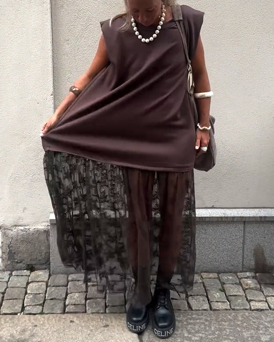 Ärmlös Mesh Patchwork Klänning