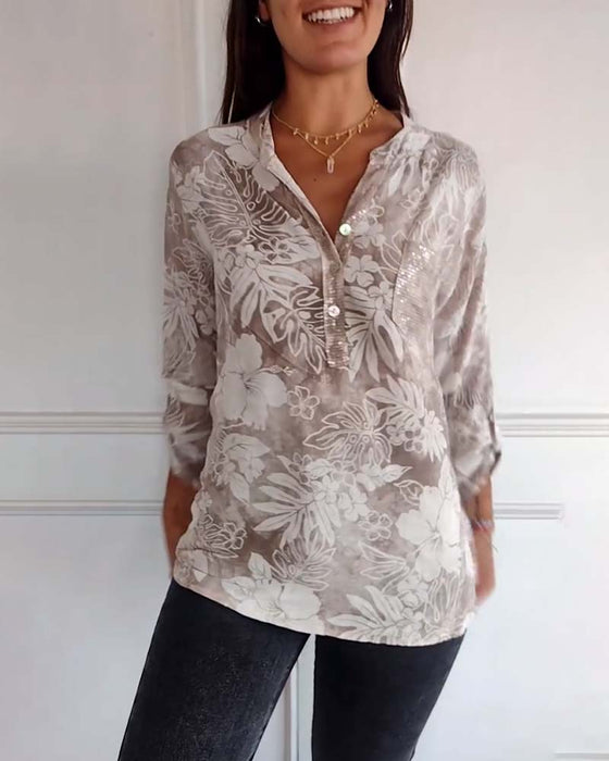 Patchwork topp med paljetter med bladtryck