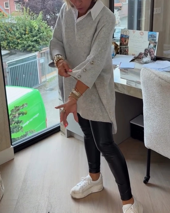 Tröja Med V-Hals, Knäppt Och Asymmetrisk Egenskaper