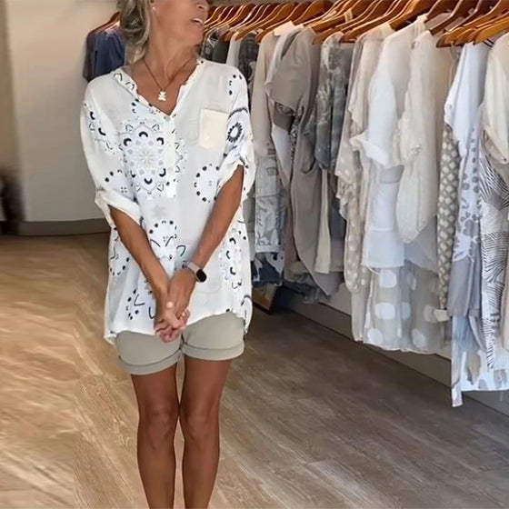 Blus Mångsidig V-Ringning Tryckt Halvlång Ärm