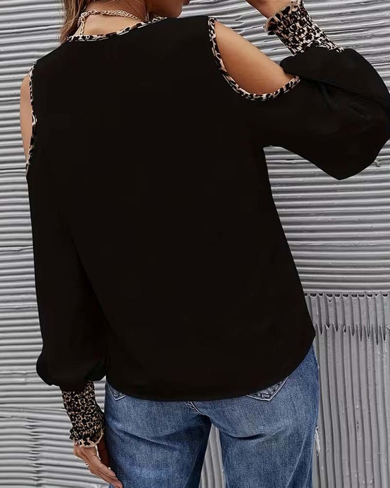 Blus Off-Axel Leopard Patchwork Lång Ärm