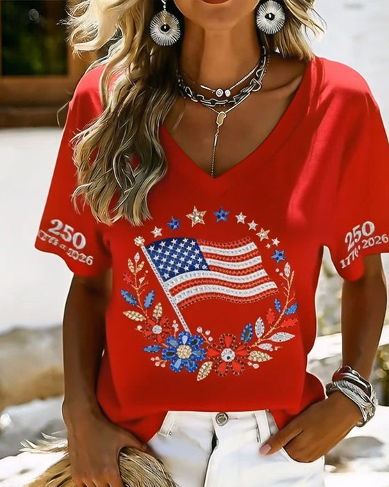 T-Shirt V-Hals Bokstav Blommig Kort Ärm