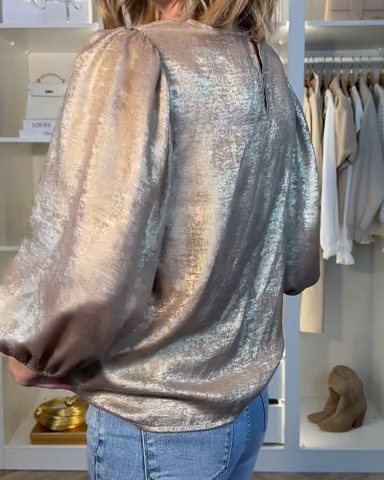 Mässing Blus Med Puffärmar Och Rund Halsring