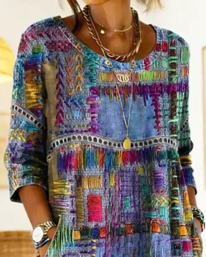 Klänning Färgglad Geometrisk Halvärm