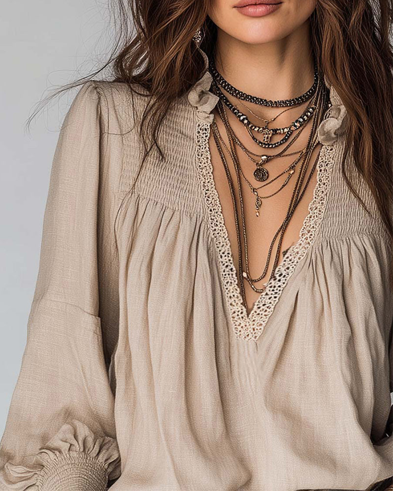 Blus Djup V-Hals Puffärm