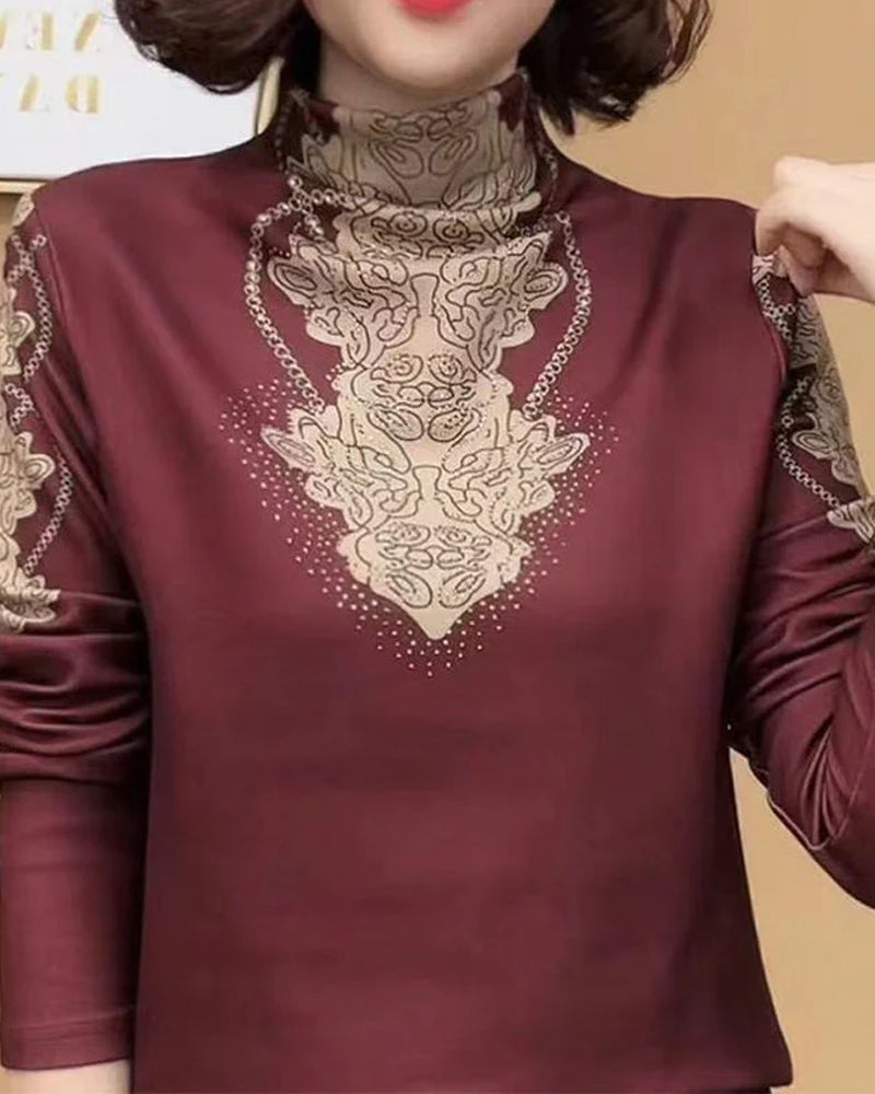 Topp Elegant Tryckt Åtsittande Dam Ståkrage