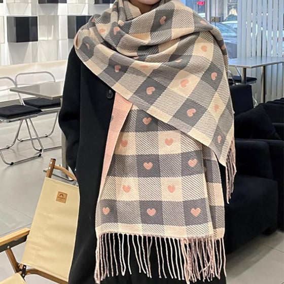 Cozy Heart Plaid Scarf – Mjuk Vinterwrap För Flickor Eller Par