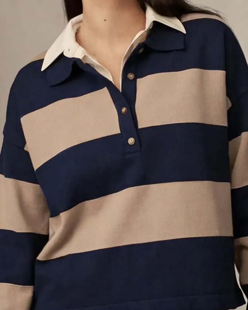 Pullover Med Bred Randig Knappad Krage