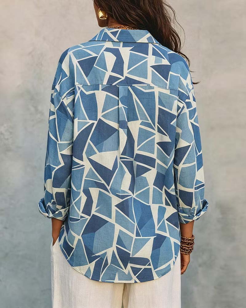 Blus Geometrisk Tryck Krage Lång Ärm