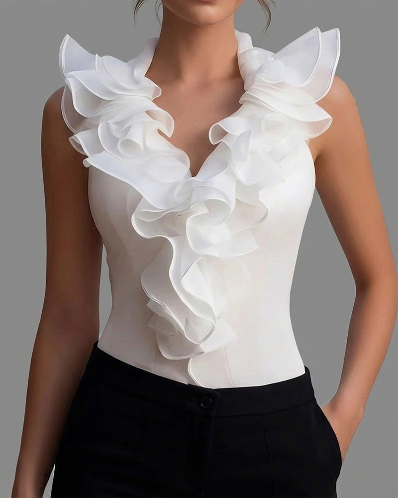 Blus Lotusbladsfåll V-Ringning Ärmlös