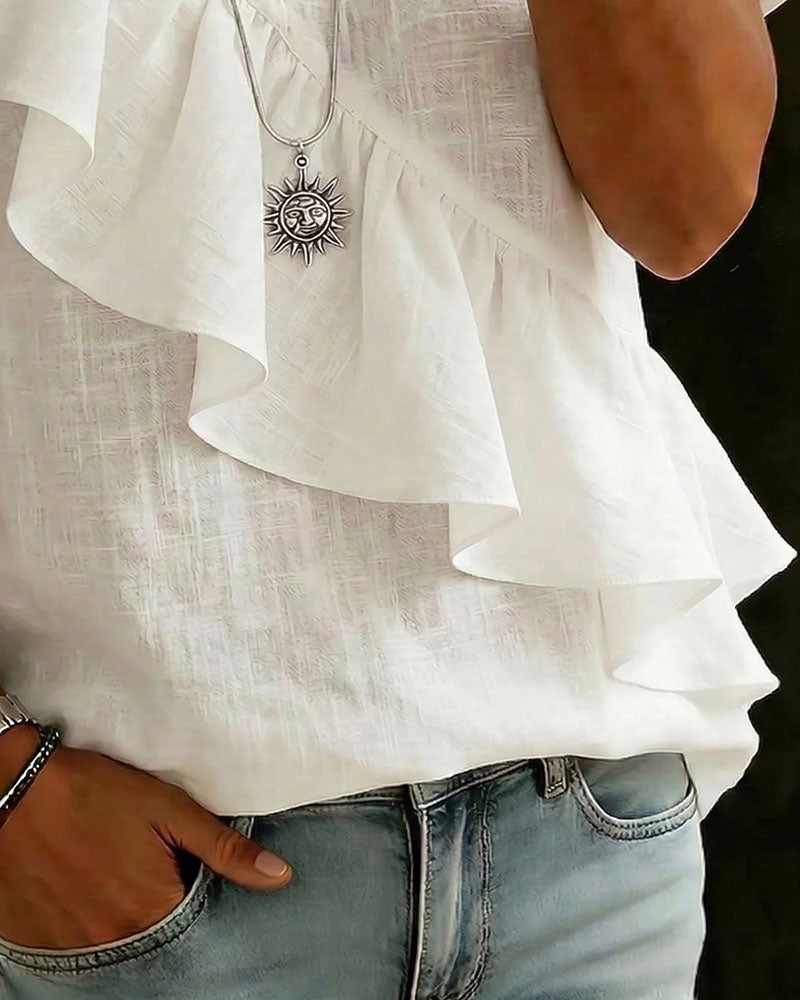 Blus V-Ringad Kort Ärm Volang