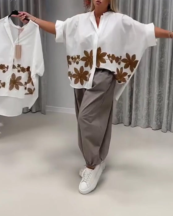 Blusar Blommig Tryck Mandarin Krage Lös