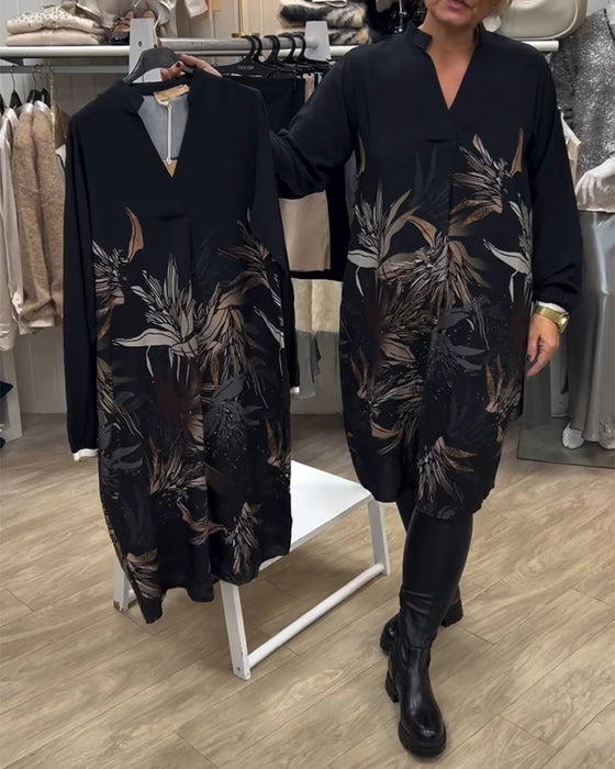 Klänning V-Ringad Bladtryck Långärmad