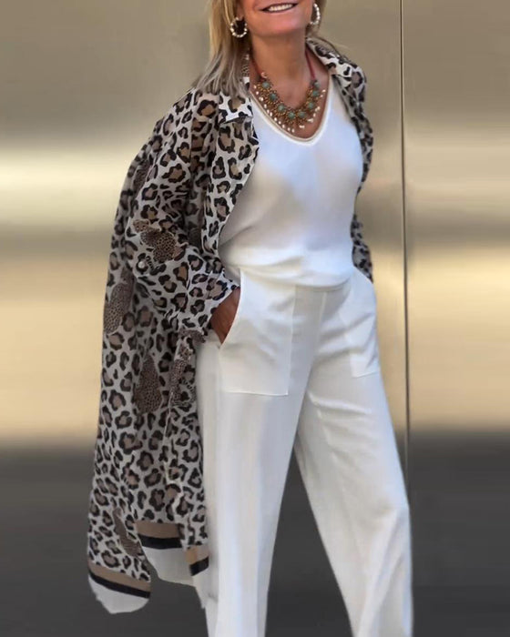 Leopardmönstrat lapel casual lång kappa