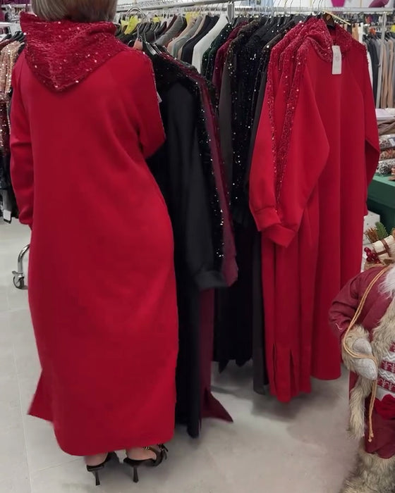 Klänning Med Huva Glitter Broderi Lång