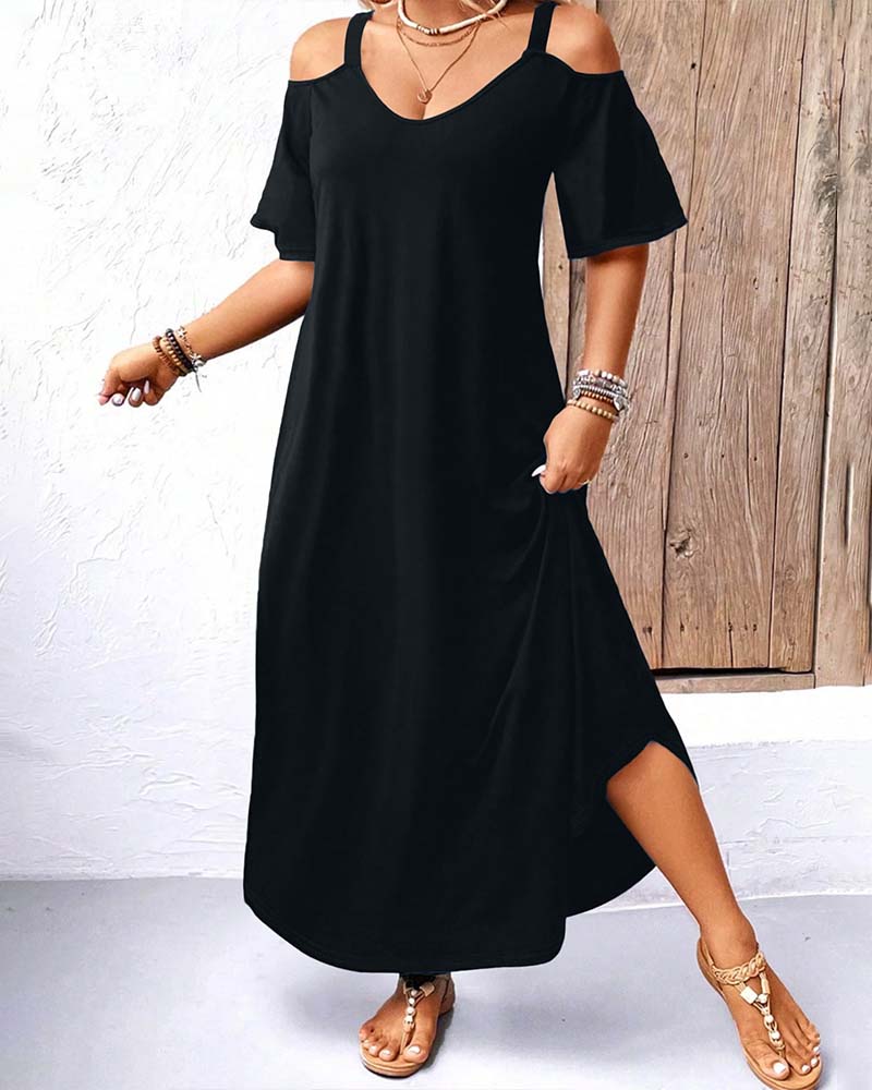 Klänning Enfärgad V-Ringning Off-Shoulder Lång
