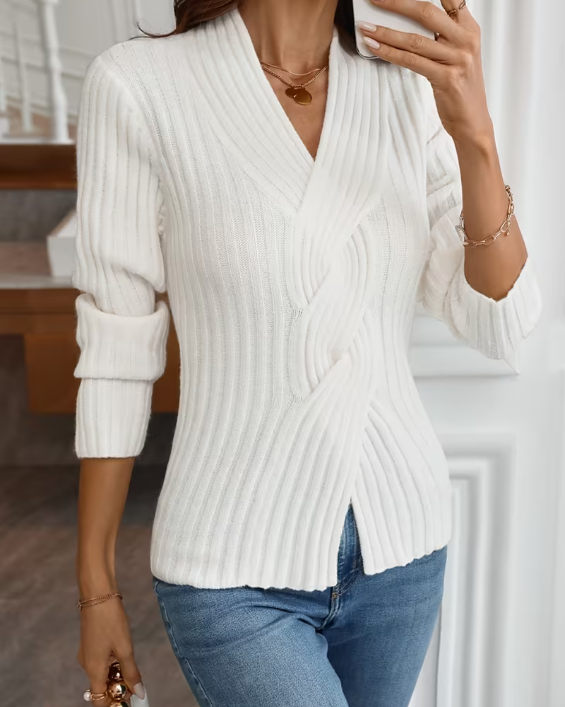 Pullover V-Hals Ribbad Kors Långärmad