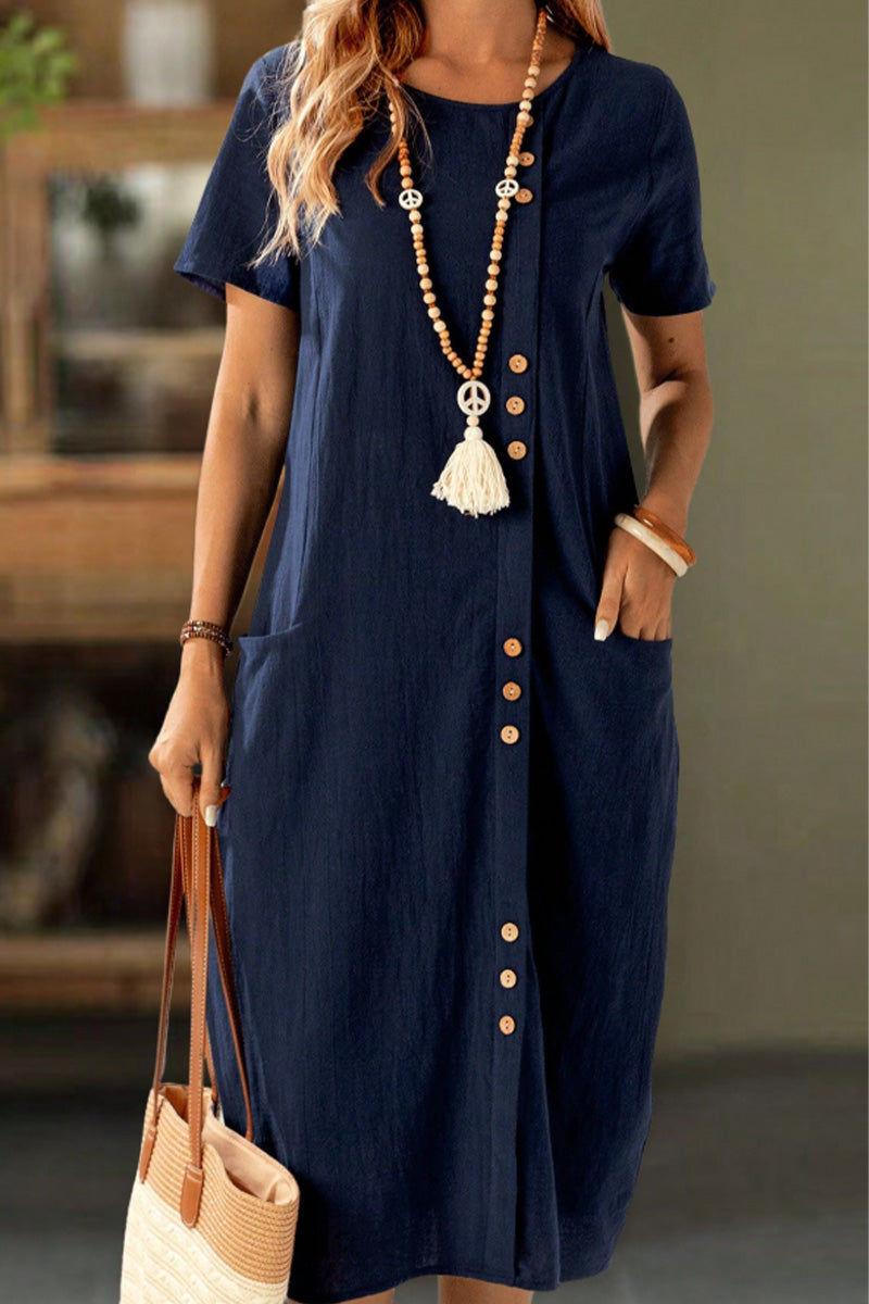 Klänning Knäppt Kortärmad Ficka Shift