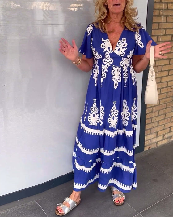 Vintage tryck v-ringad elegant lång klänning