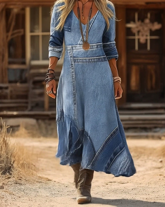 Klänning retro v-ringad långärmad med tryck